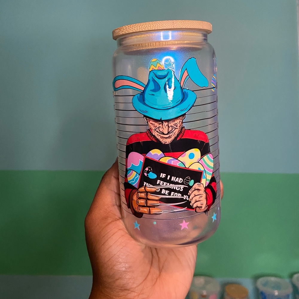 Freddy Easter 16oz glass can cup with bamboo lid and straw